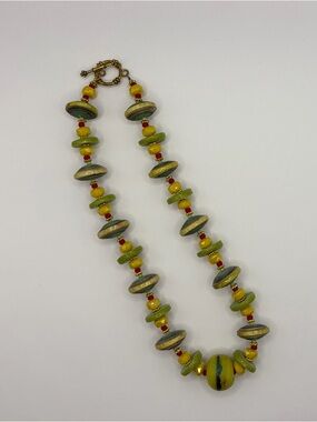 Handcrafted Green and Yellow Women's Necklace with Large Paper Beads